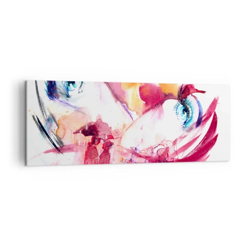 Bild auf Leinwand - Leinwandbild - Ein abstraktes Gesicht mit ausdrucksstarken Augen und roten Akzenten. - 140x50cm - Die Welt gedeiht in der Nähe - Moderne Wanddekoration für Wohnzimmer und Schlafzimmer ARTTOR