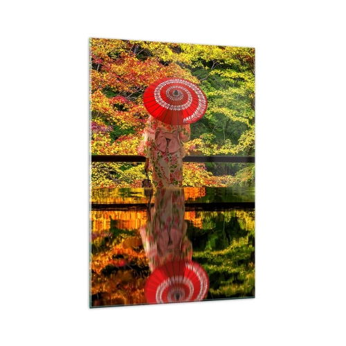 Glasbild - Bild auf glas - Eine Frau im Kimono mit Regenschirm vor dem Hintergrund einer Herbstlandschaft. - 70x100cm - Im Tempel der Natur - Moderne Wanddekoration für Wohnzimmer und Schlafzimmer ARTTOR