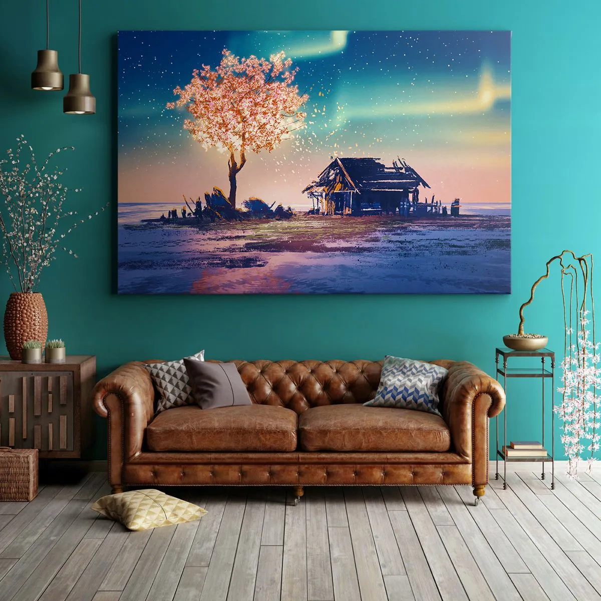 Bild auf Leinwand - Leinwandbild - Ein Haus und ein blühender Baum unter dem Nachthimmel - 70x50cm - Die Natur vergeht nicht - Moderne Wanddekoration für Wohnzimmer und Schlafzimmer ARTTOR
