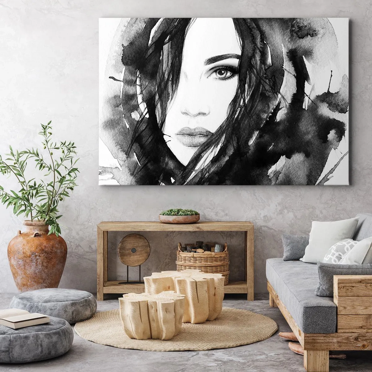 Bild auf Leinwand - Leinwandbild - Porträt einer Frau in Schwarz-Weiß-Aquarell - 120x80cm - Porträt einer Dame in Schwarzweiß - Moderne Wanddekoration für Wohnzimmer und Schlafzimmer ARTTOR