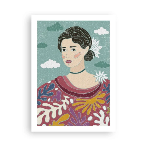 Poster - Porträt einer Frau in einem farbenfrohen, stilisierten Kleid vor einem Wolkenhintergrund. - 50x70cm - Mit Melancholie im Blick - Moderne Wanddekoration für Wohnzimmer und Schlafzimmer ARTTOR