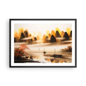 Poster in einem schwarzem Rahmen - Eine orientalische Landschaft mit Fluss, Bergen und sanftem Nebel. - 70x50cm - Weiter als im Fernosten - Moderne Wanddekoration für Wohnzimmer und Schlafzimmer ARTTOR