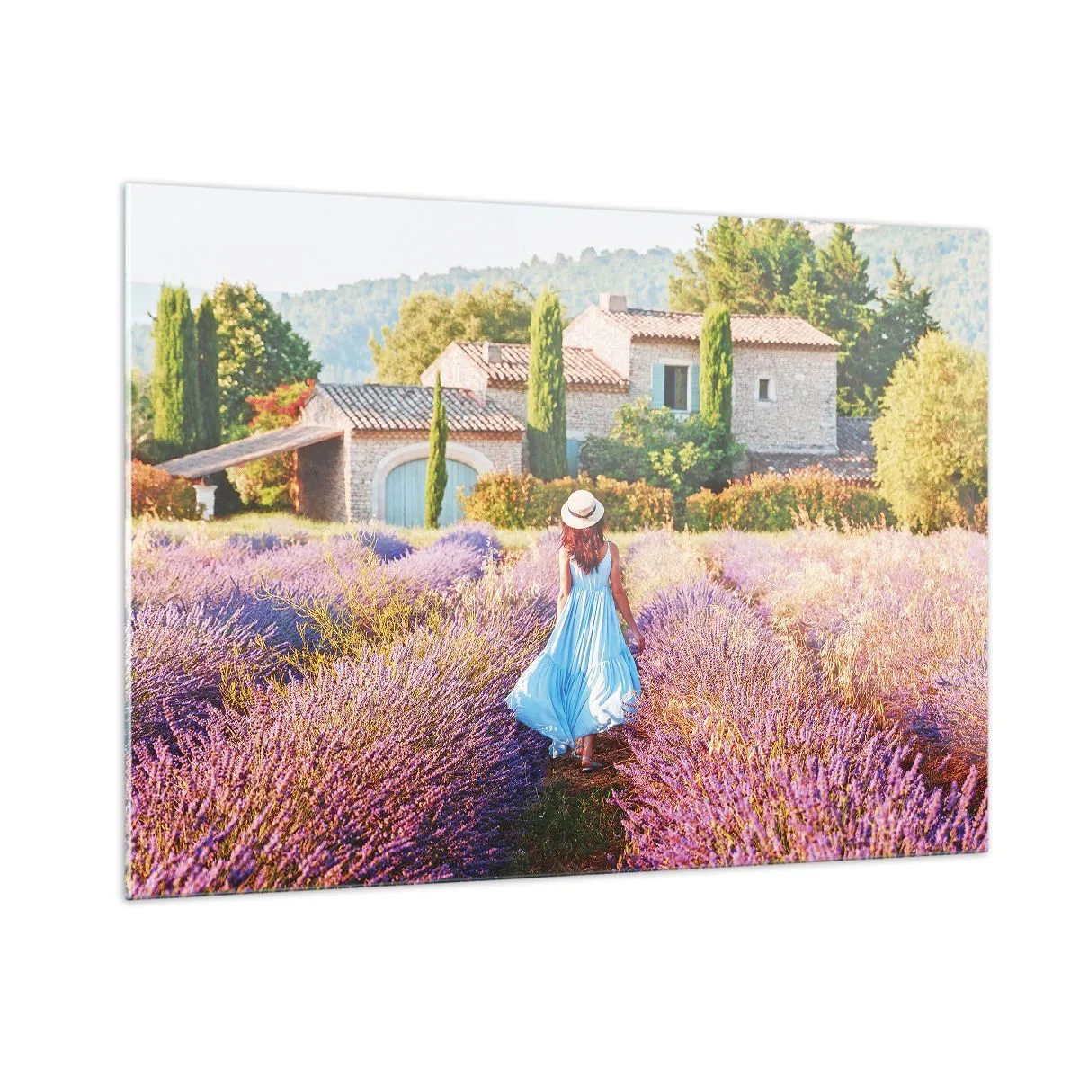 Glasbild - Bild auf glas - Eine Frau in einem Kleid geht durch ein Lavendelfeld - 100x70cm - Lavendel Mädchen - Moderne Wanddekoration für Wohnzimmer und Schlafzimmer ARTTOR