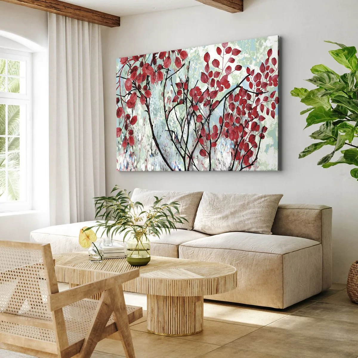 Bild auf Leinwand - Leinwandbild - Rote Blätter vor einem hellen Himmel mit abstrakten Mustern - 70x50cm - Baum in Scharlachrot - Moderne Wanddekoration für Wohnzimmer und Schlafzimmer ARTTOR