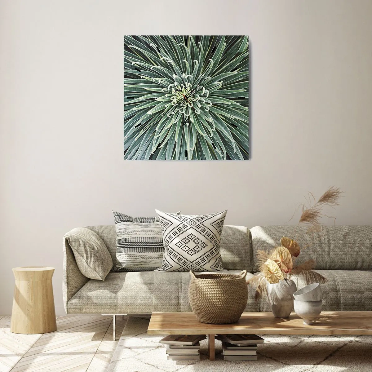 Wanduhr - Glasuhr - Symmetrische Anordnung grüner Blätter, die einem Stern ähneln - 30x30cm - Ein Star ist geboren - Moderne Wanddekoration für Wohnzimmer und Schlafzimmer ARTTOR