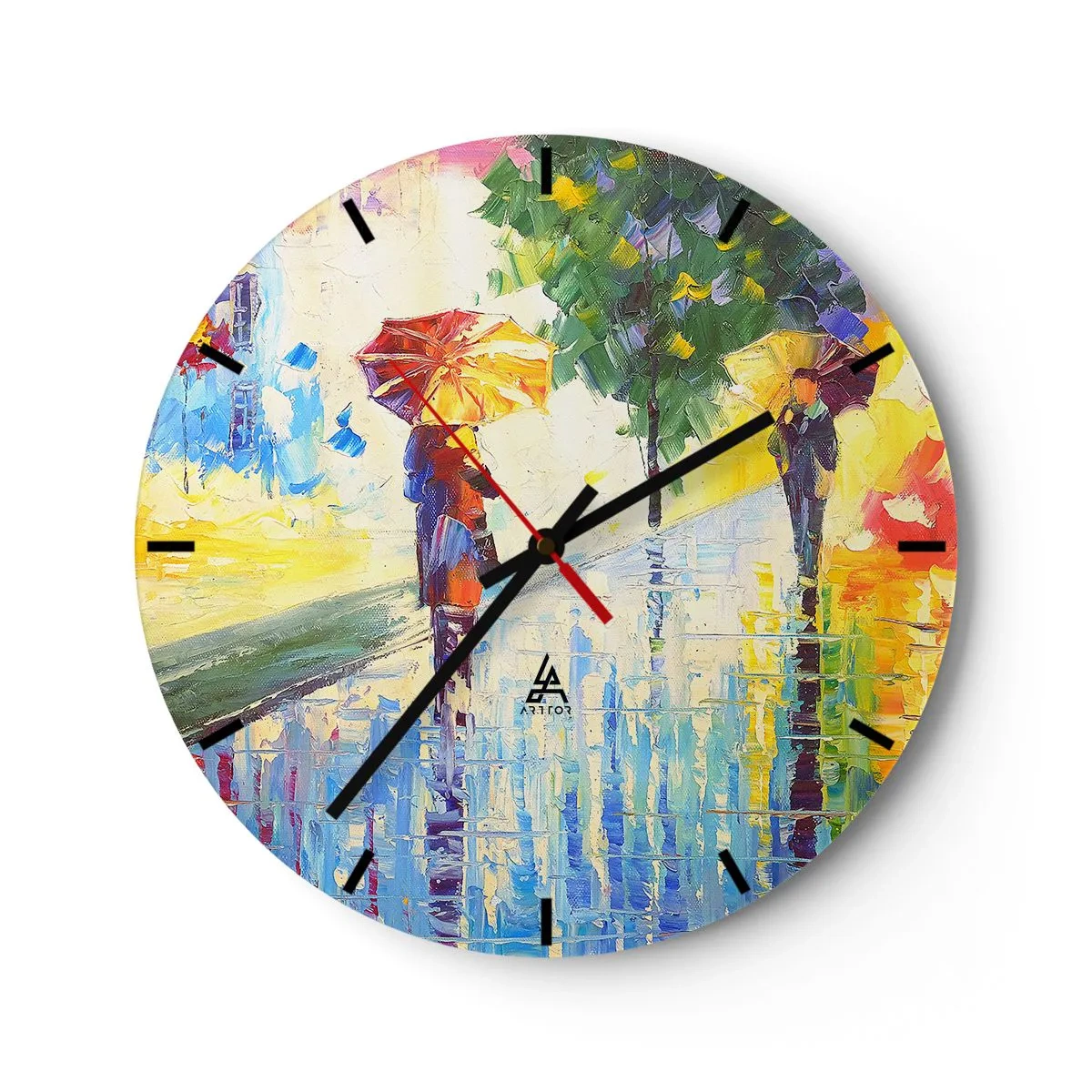 Wanduhr - Glasuhr - Figuren mit Regenschirmen gehen an einem regnerischen Tag spazieren - 30x30cm - Und alles klar - Moderne Wanddekoration für Wohnzimmer, Küche und Schlafzimmer ARTTOR