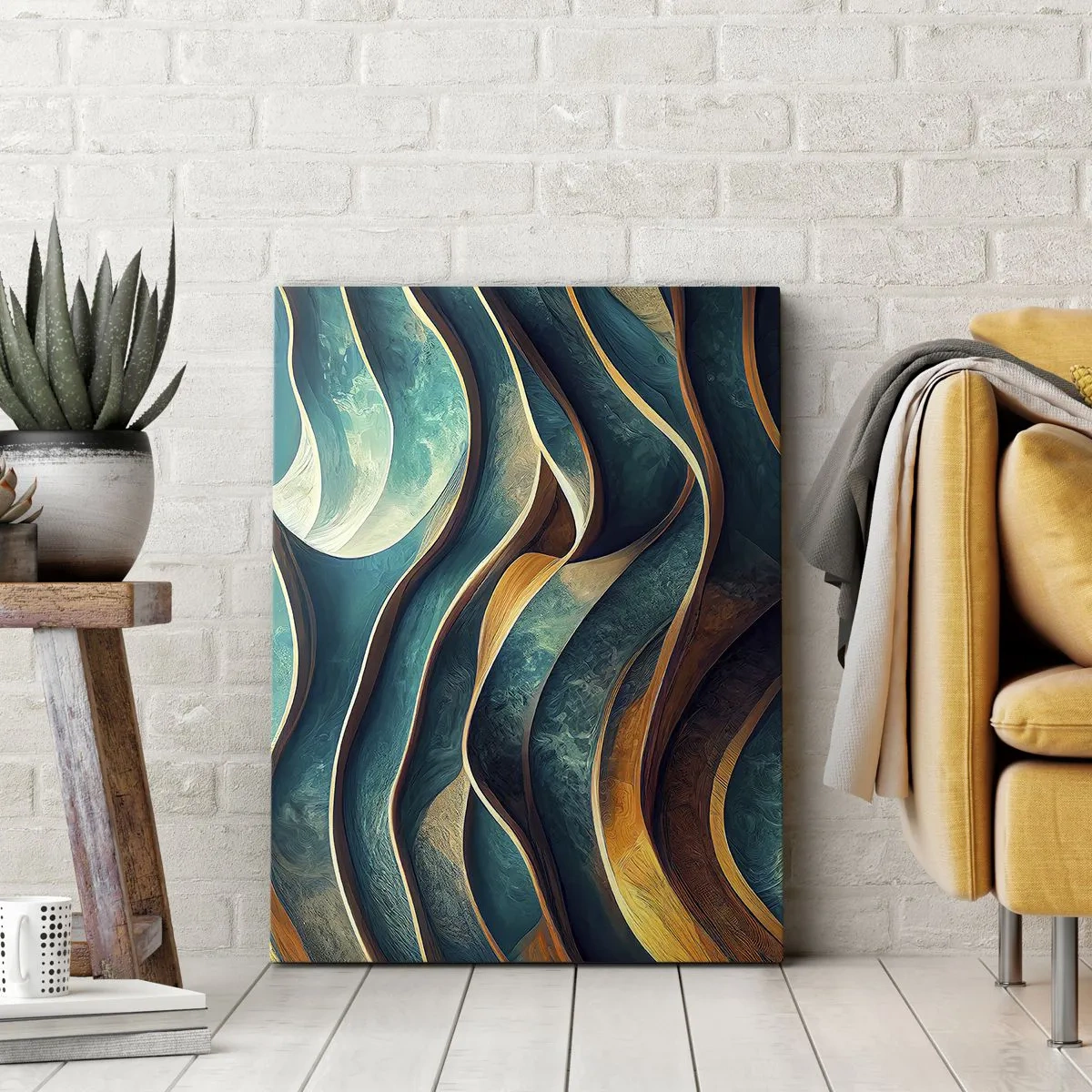 Bild auf Leinwand - Leinwandbild - Abstrakte Wellen in Türkis- und Goldtönen - 50x70cm - Blaue Mäander - Moderne Wanddekoration für Wohnzimmer und Schlafzimmer ARTTOR