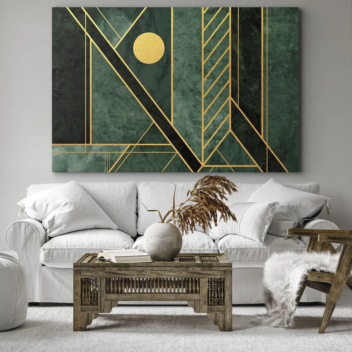 Bild auf Leinwand - Leinwandbild - Grünes und goldenes geometrisches Design mit elegantem Muster - 120x80cm - Dynamik von Gold und Azurblau - Moderne Wanddekoration für Wohnzimmer und Schlafzimmer ARTTOR