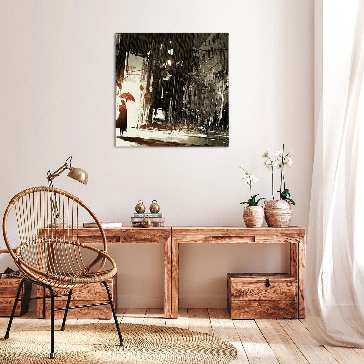 Bild auf Leinwand - Leinwandbild - Die Poesie des roten Regenschirms - 50x50 cm