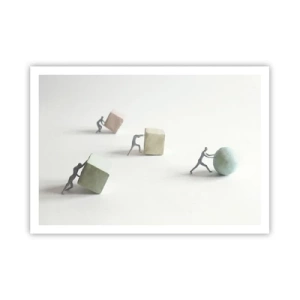 Poster - Miniaturfiguren, die Formen vor einem hellen Hintergrund schieben - 100x70cm - Pures Leben - Moderne Wanddekoration für Wohnzimmer und Schlafzimmer ARTTOR