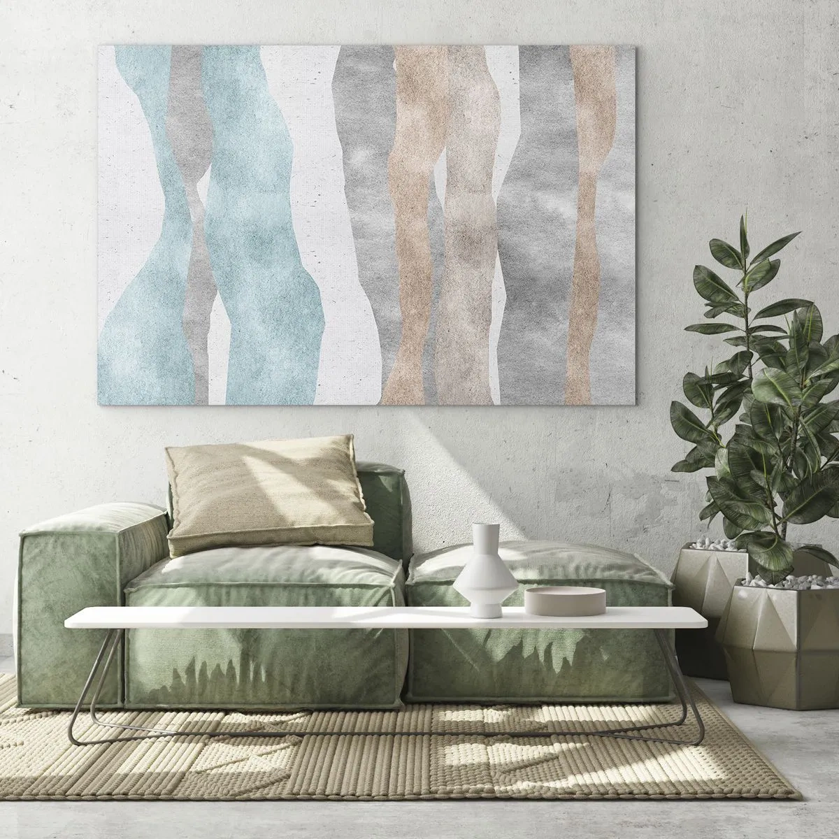 Glasbild - Bild auf glas - Zarte Streifen in Beige- und Blautönen - 70x50cm - Studie über Nähe - Moderne Wanddekoration für Wohnzimmer und Schlafzimmer ARTTOR