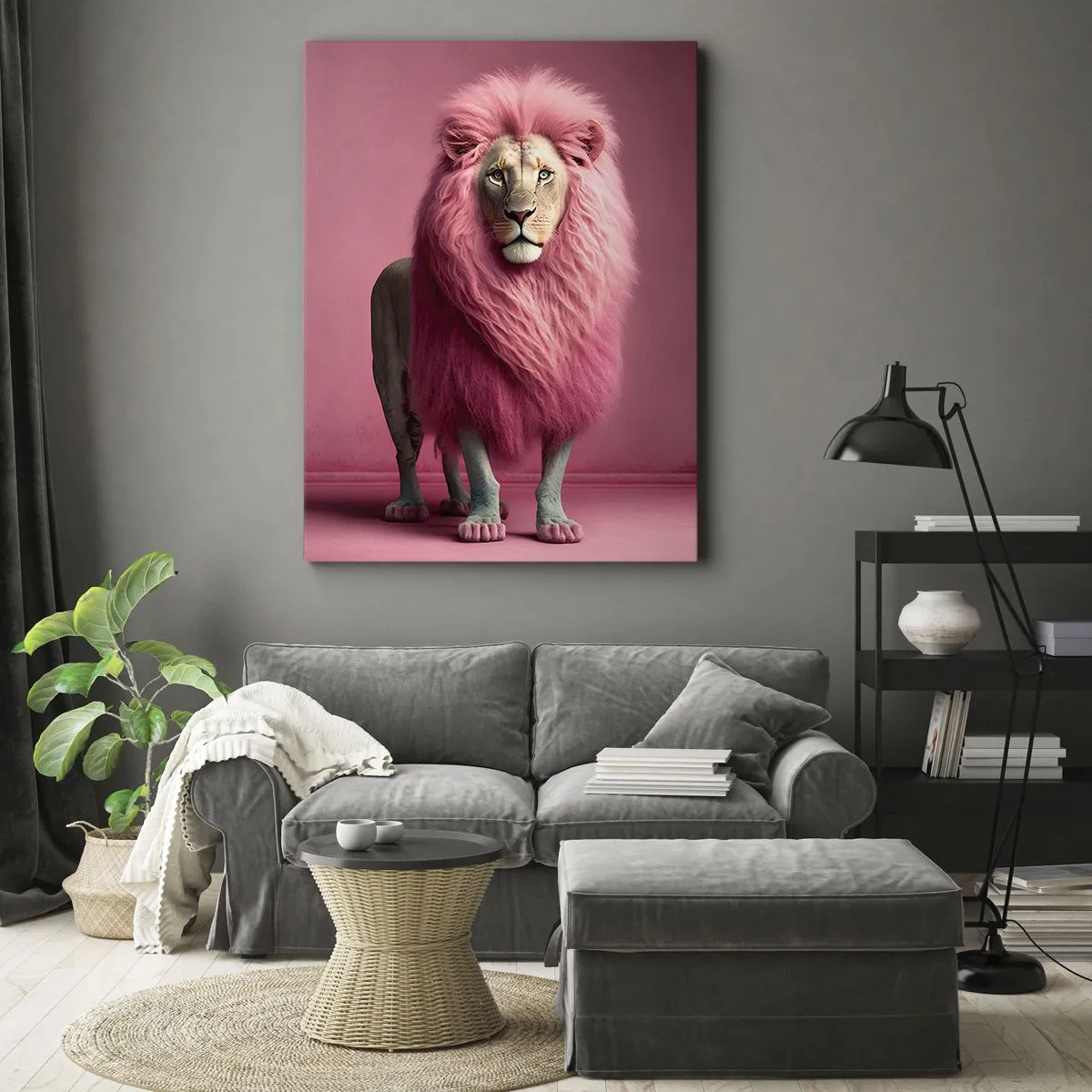Bild auf Leinwand - Leinwandbild - Ein künstlerisch gestalteter Löwe mit rosa Mähne auf rosa Hintergrund - 50x70cm - Und du hast keine Angst mehr - Moderne Wanddekoration für Wohnzimmer und Schlafzimmer ARTTOR
