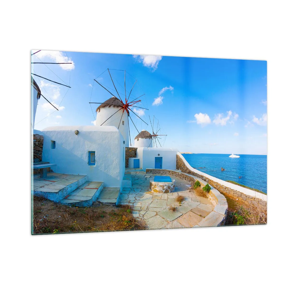 Glasbild - Bild auf glas - Windmühlen an der Ägäisküste - 120x80cm - Der blaue Wind vom Meer - Moderne Wanddekoration für Wohnzimmer und Schlafzimmer ARTTOR