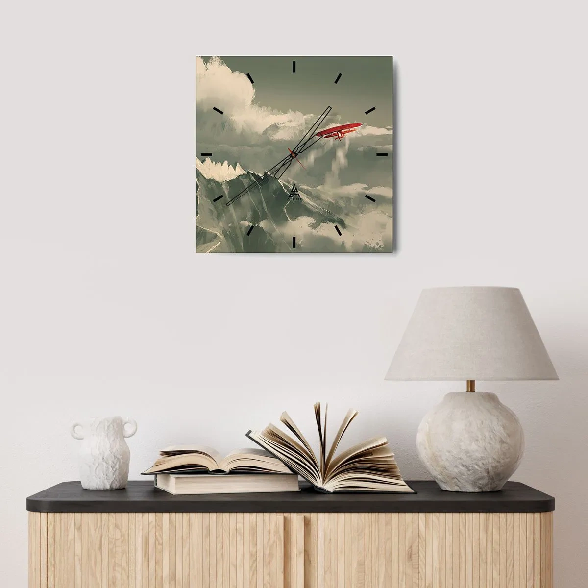 Wanduhr - Glasuhr - Rotes Flugzeug über schneebedeckten Bergen - 30x30cm - Furchtloser Pionier - Moderne Wanddekoration für Wohnzimmer und Schlafzimmer ARTTOR