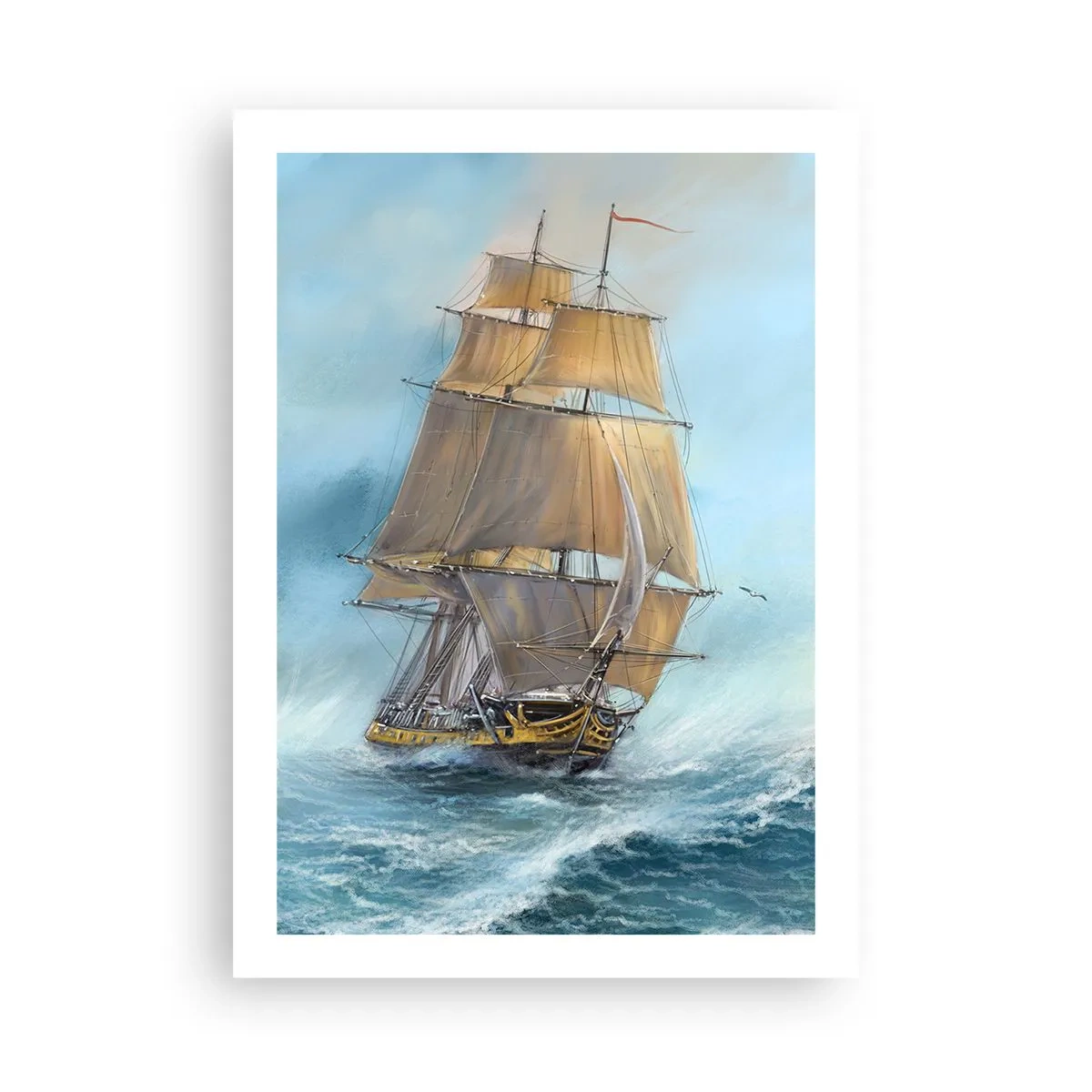 Poster - Ein Segelschiff, das in realistischem Stil durch eine stürmische See segelt - 50x70cm - Über die Wellen gleiten - Moderne Wanddekoration für Wohnzimmer und Schlafzimmer ARTTOR