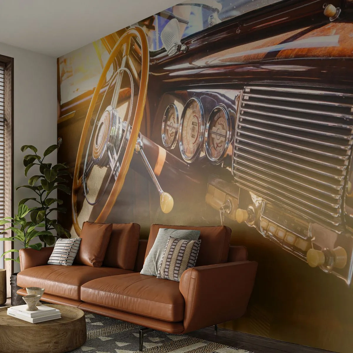 Fototapete Premium Canvas - Ein Hauch von Luxus aus der Vergangenheit - Oldtimer, Automobil, Armaturenbrett - 500x350 cm