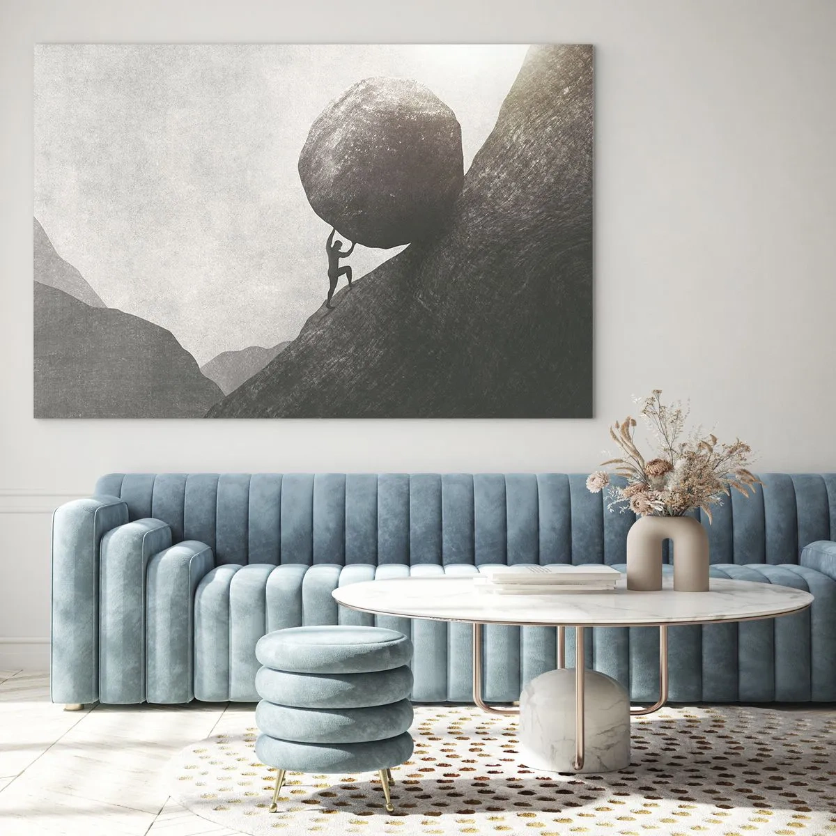 Glasbild - Bild auf glas - Eine Figur, die einen Felsbrocken vor einer Berglandschaft bergauf schiebt - 70x50cm - Ich glaube wider alle Hoffnung - Moderne Wanddekoration für Wohnzimmer und Schlafzimmer ARTTOR