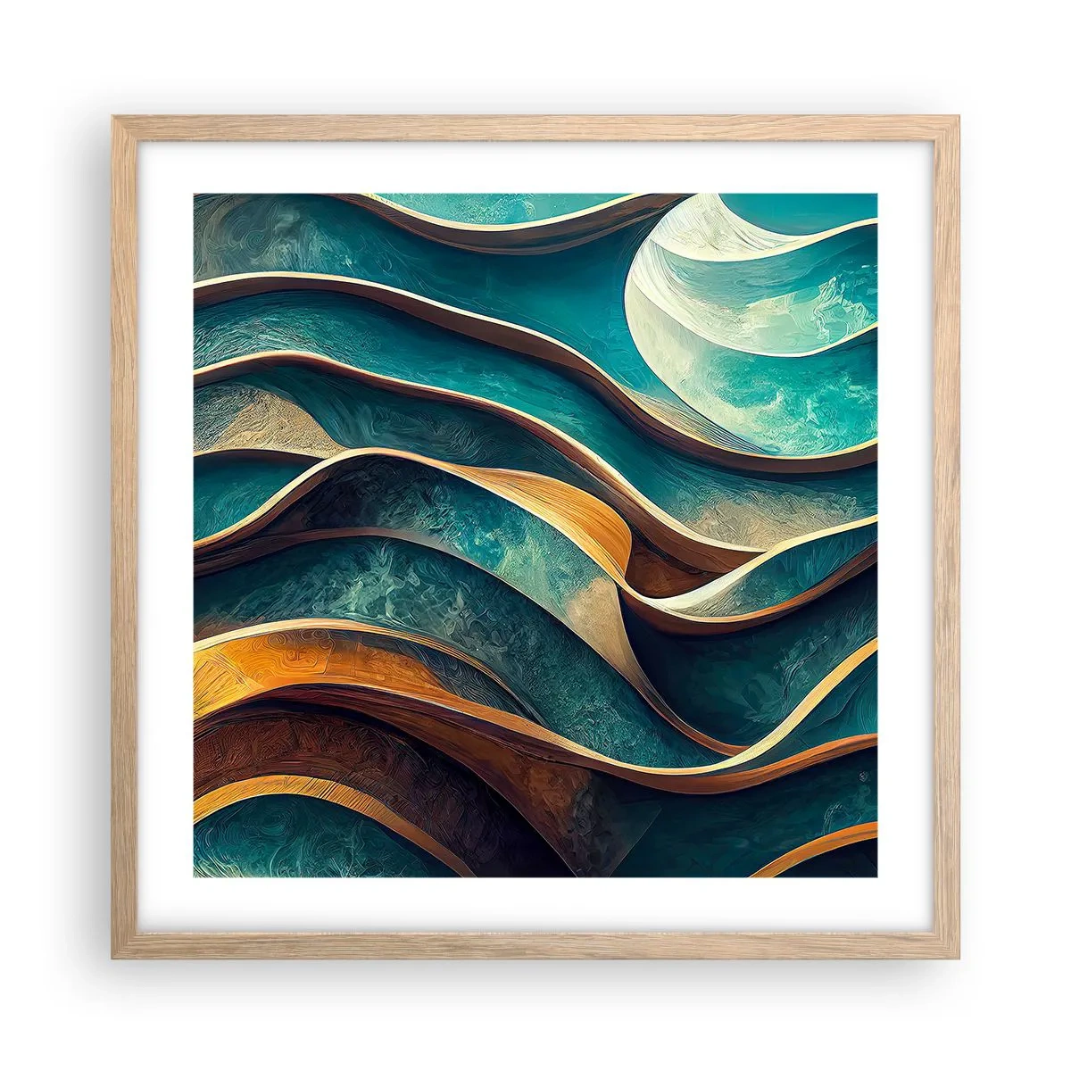 Poster in einem Rahmen aus heller Eiche - Blaue Mäander - 50x50 cm