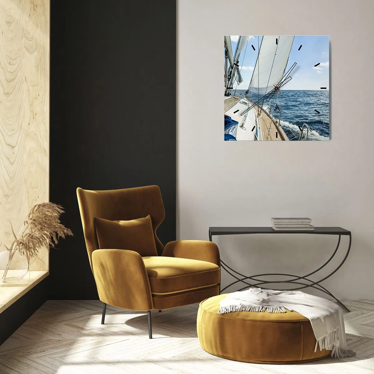 Wanduhr - Glasuhr - Ein Segelboot auf ruhiger See unter blauem Himmel - 30x30cm - Ahoi, Abenteuer - Moderne Wanddekoration für Wohnzimmer und Schlafzimmer ARTTOR