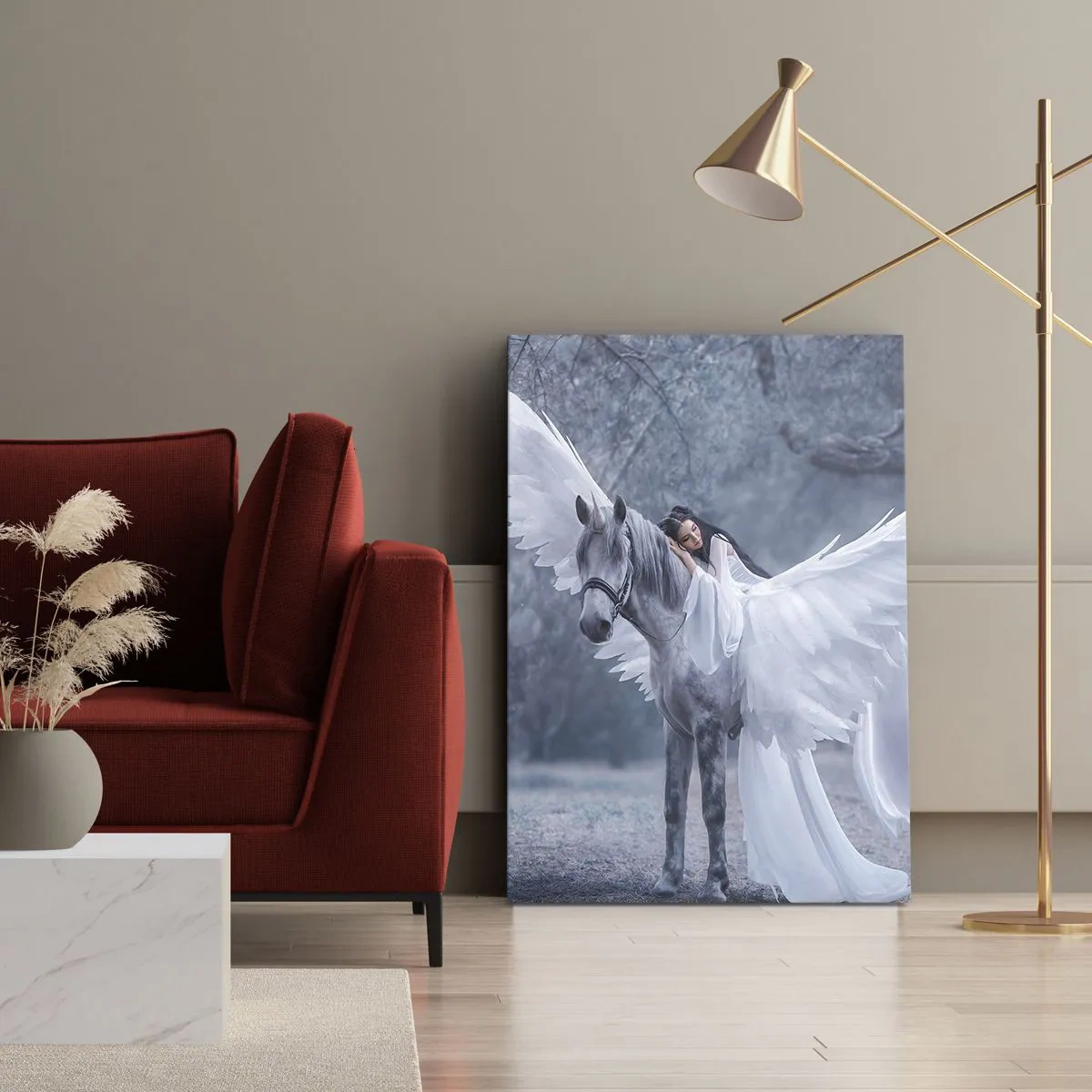 Bild auf Leinwand - Leinwandbild - Eine Frau auf einem weißen Pferd mit Flügeln in einem Zauberwald - 50x70cm - Ein inspirierter Moment - Moderne Wanddekoration für Wohnzimmer und Schlafzimmer ARTTOR