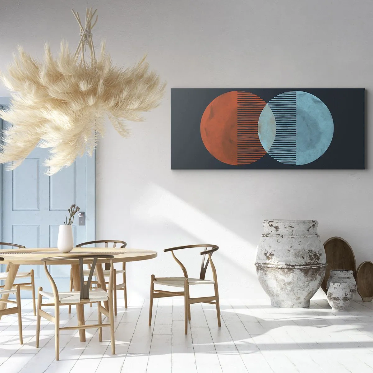 Bild auf Leinwand - Leinwandbild - Zwei orange und blaue Kreise auf dunklem Hintergrund - 140x50cm - Astronomische Fantasie - Moderne Wanddekoration für Wohnzimmer und Schlafzimmer ARTTOR