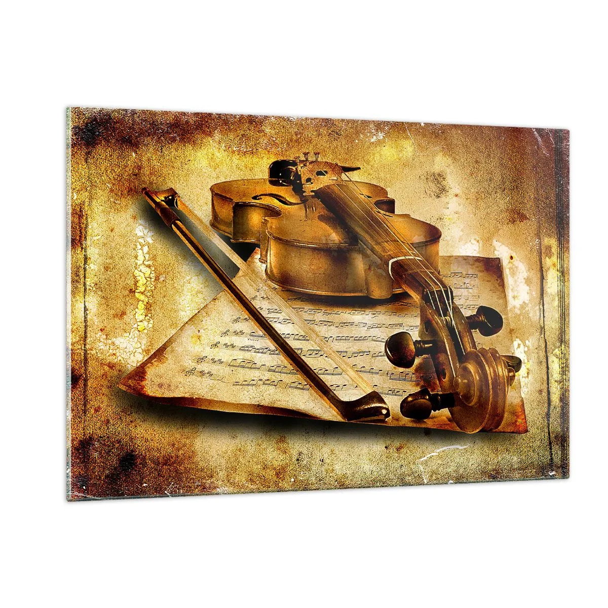 Glasbild - Bild auf glas - Violine mit Noten auf Vintage-Hintergrund - 120x80cm - Ein Virtuose dringend benötigt - Moderne Wanddekoration für Wohnzimmer und Schlafzimmer ARTTOR