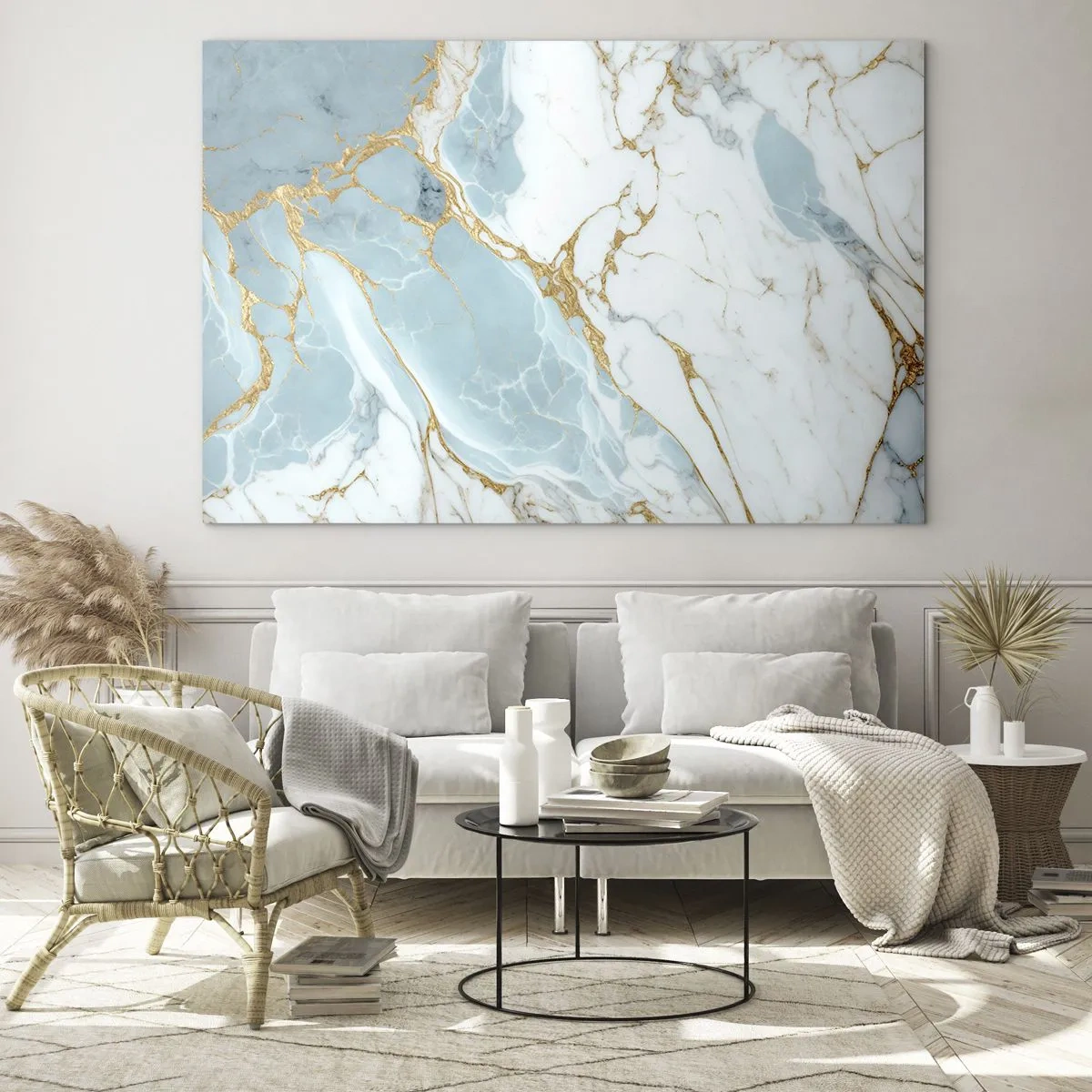 Glasbild - Bild auf glas - Abstrakter Marmor in Blau- und Goldtönen - 100x70cm - Reichtum des Steins - Moderne Wanddekoration für Wohnzimmer und Schlafzimmer ARTTOR