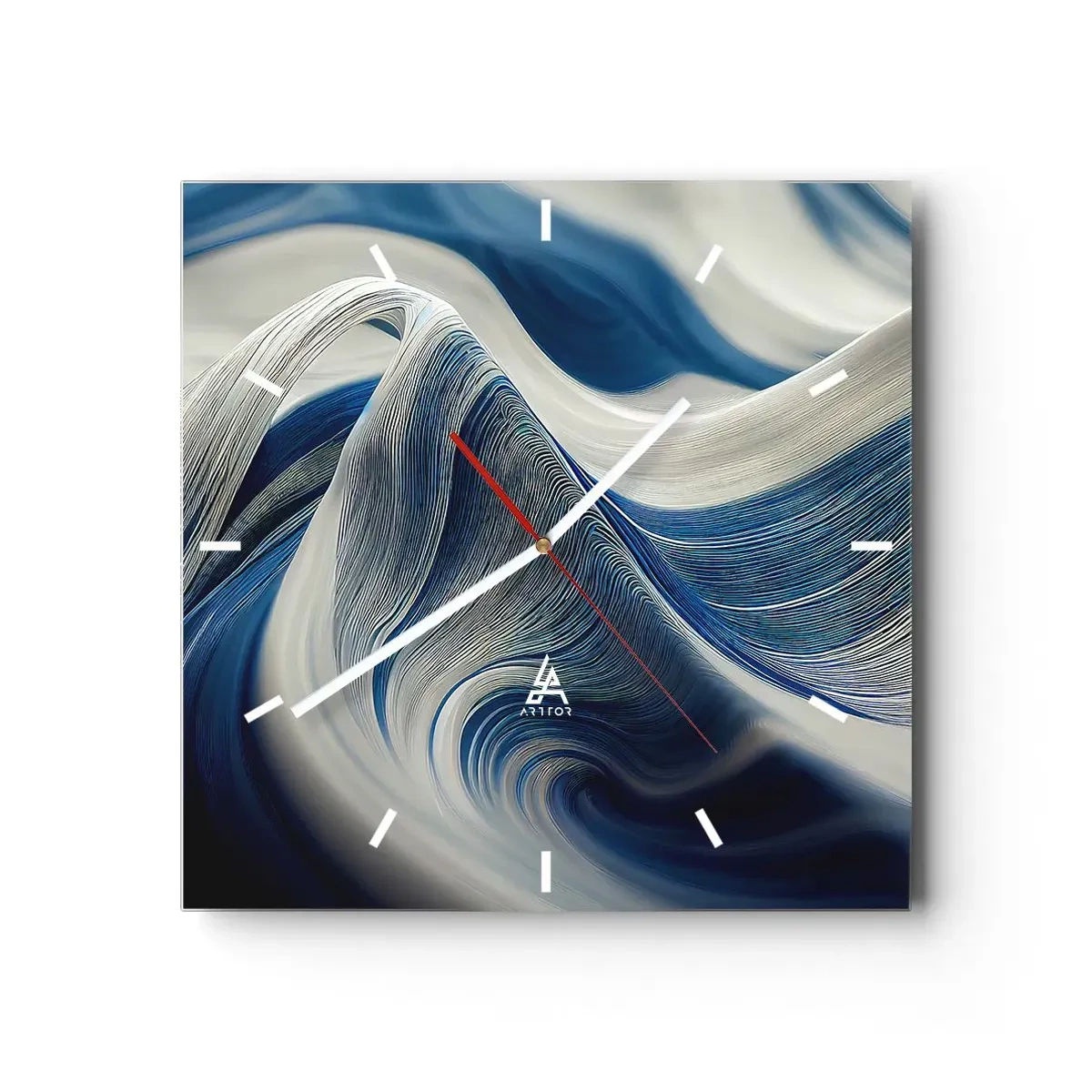 Wanduhr - Glasuhr - Fließfähigkeit von Blau und Weiß - 30x30 cm