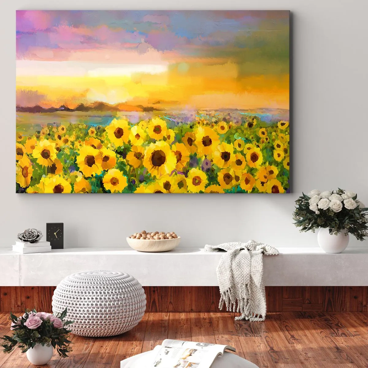 Bild auf Leinwand - Leinwandbild - Ein Sonnenblumenfeld im Licht der untergehenden Sonne - 120x80cm - Die Sonne selbst ist auf die Erde herabgestiegen - Moderne Wanddekoration für Wohnzimmer und Schlafzimmer ARTTOR