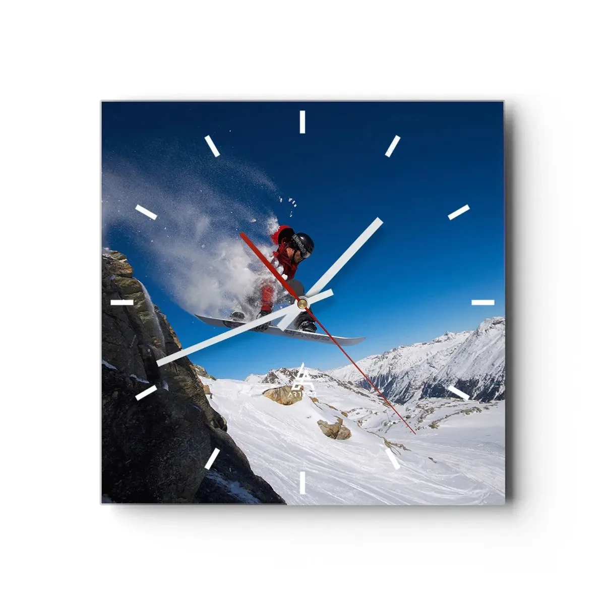 Wanduhr - Glasuhr - Ein Snowboarder springt von einem Felsen vor einer Berglandschaft - 30x30cm - Und du wurdest Teil des Raums - Moderne Wanddekoration für Wohnzimmer und Schlafzimmer ARTTOR