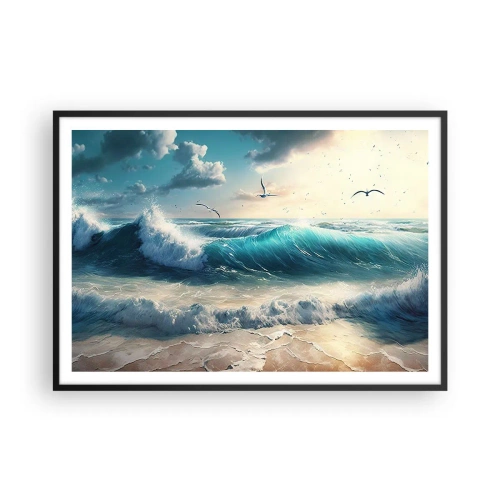 Poster in einem schwarzem Rahmen - Meereswellen am Strand unter blauem Himmel mit Möwen - 100x70cm - Es summt nur für dich - Moderne Wanddekoration für Wohnzimmer und Schlafzimmer ARTTOR