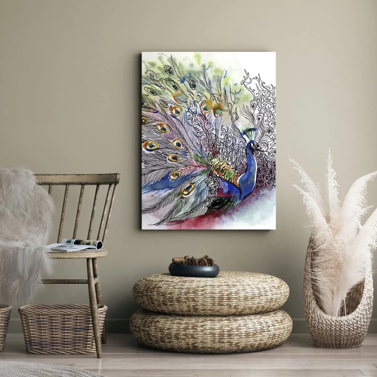 Bild auf Leinwand - Leinwandbild - Ein Pfau im farbenfrohen Aquarellstil mit abstrakten Federn - 70x100cm - Mit Stolz gegen Grau - Moderne Wanddekoration für Wohnzimmer und Schlafzimmer ARTTOR