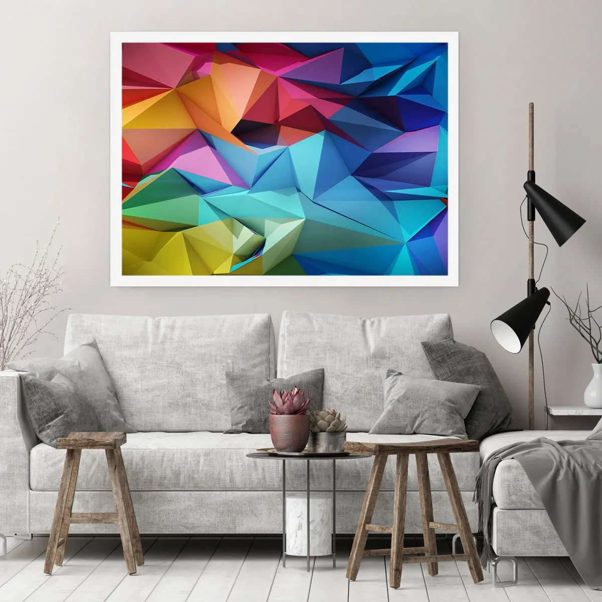 Poster - Bunte geometrische Abstraktion in lebendigen Farben - 100x70cm - Regenbogen-Origami - Moderne Wanddekoration für Wohnzimmer und Schlafzimmer ARTTOR