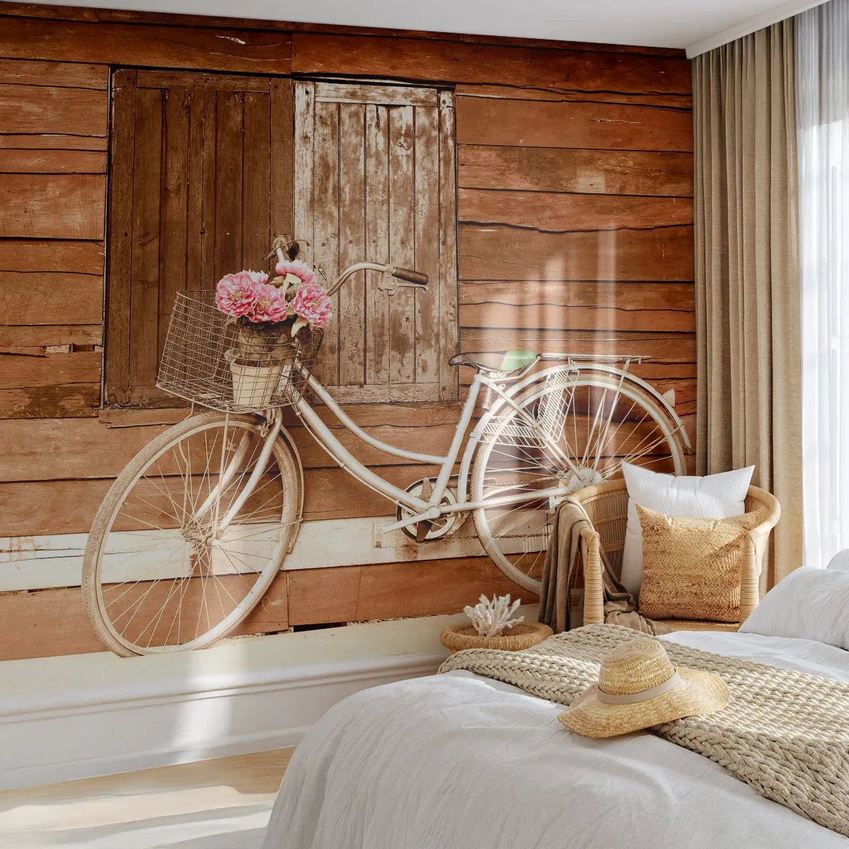 Selbstklebende Fototapete Deluxe Sticker - Ich komme gleich wieder - Fahrrad, Blumen, Holzhaus - 150x105 cm