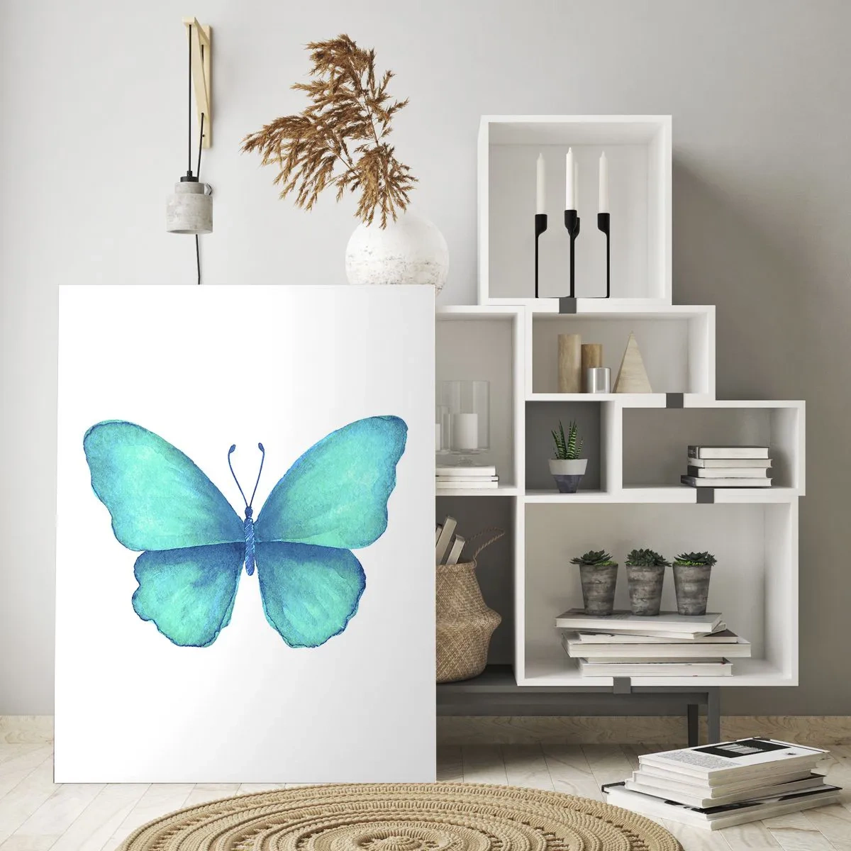 Glasbild - Bild auf glas - Blauer Schmetterling im Aquarellstil auf weißem Hintergrund - 50x70cm - Türkis von Natur aus - Moderne Wanddekoration für Wohnzimmer und Schlafzimmer ARTTOR