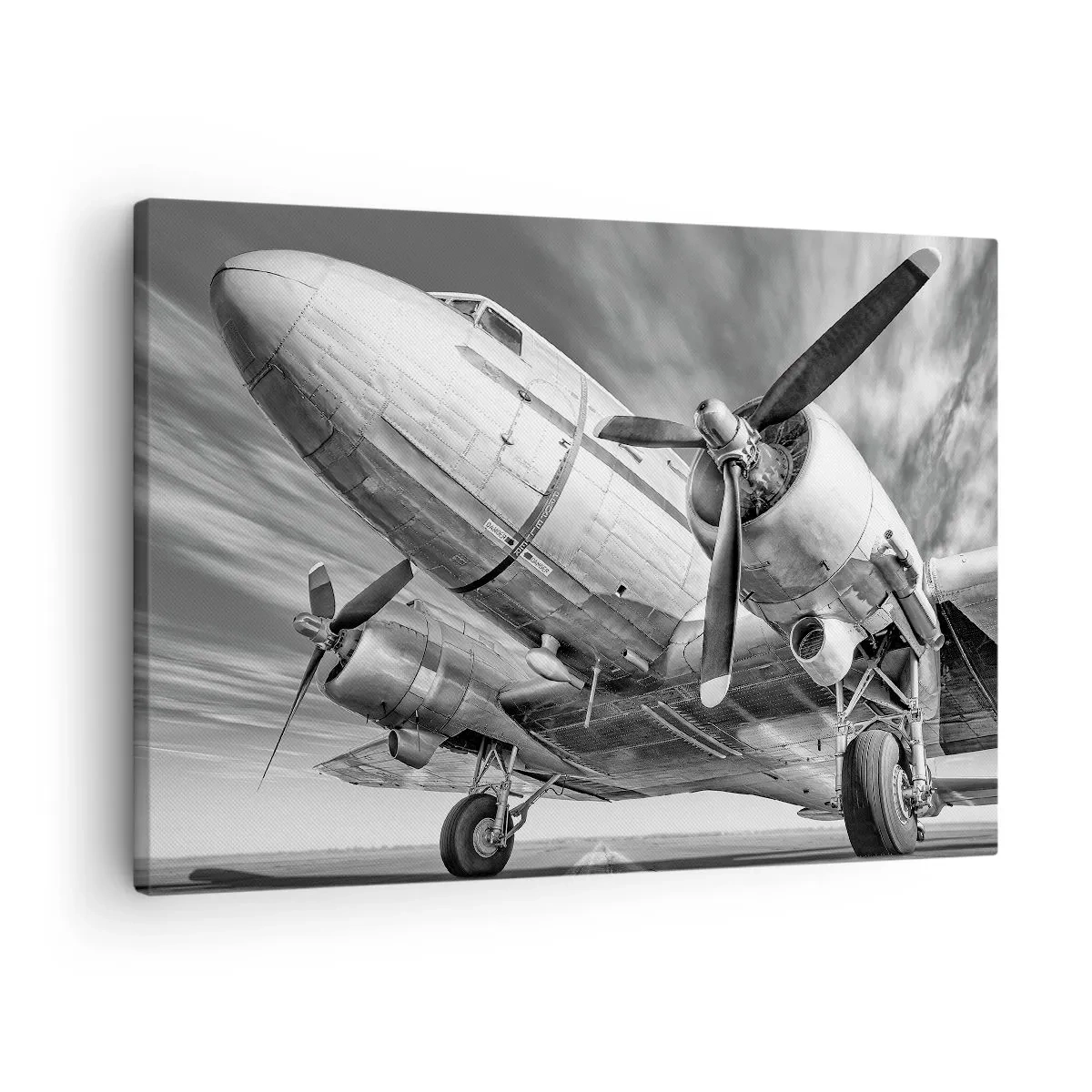 Bild auf Leinwand - Leinwandbild - Ein Schwarzweißbild eines klassischen Flugzeugs mit sichtbaren Strukturdetails. - 70x50cm - Immer flugbereit - Moderne Wanddekoration für Wohnzimmer und Schlafzimmer ARTTOR