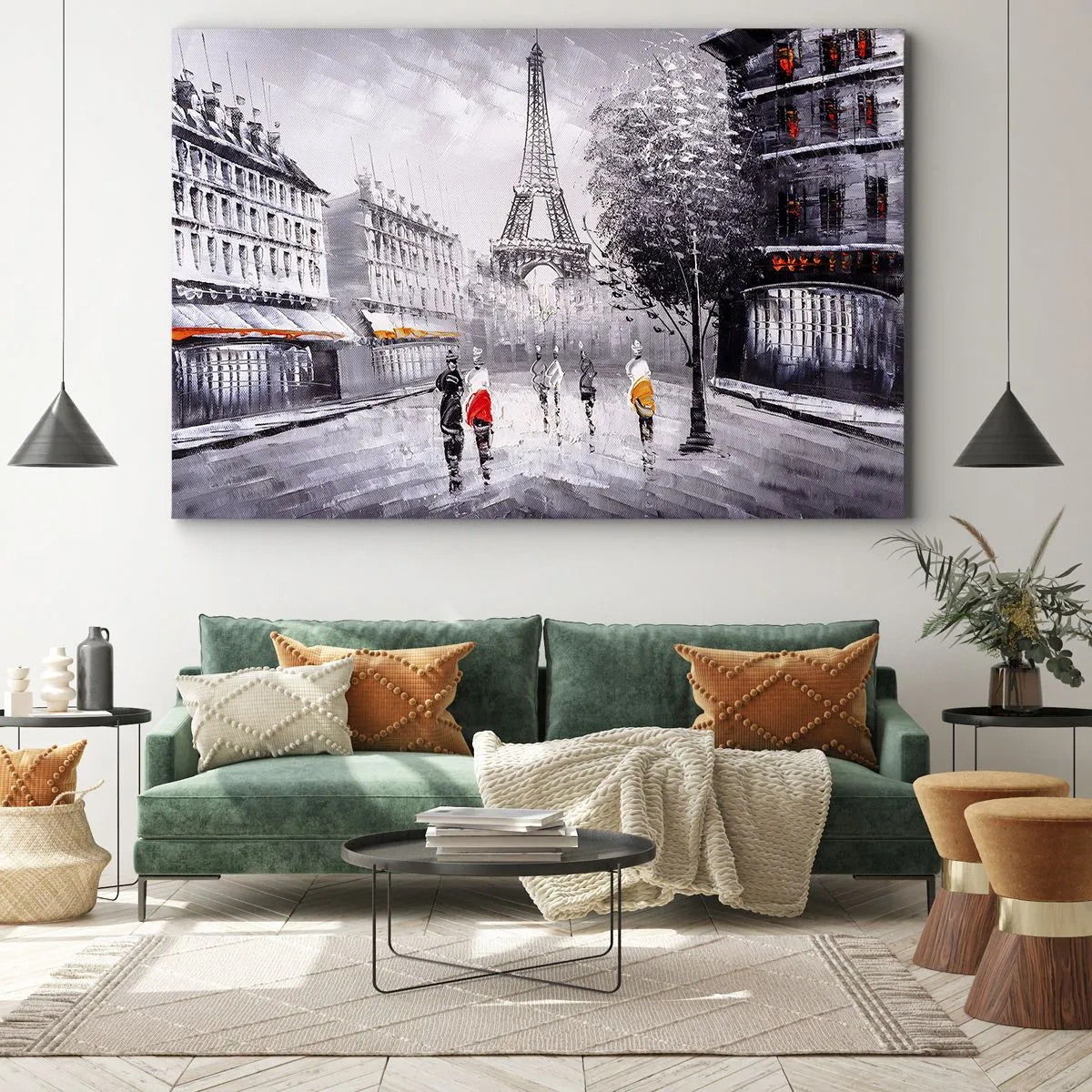 Bild auf Leinwand - Leinwandbild - Ein Blick auf den Eiffelturm in einer monochromen Umgebung mit Farbakzenten - 70x50cm - Pariser Spaziergang - Moderne Wanddekoration für Wohnzimmer und Schlafzimmer ARTTOR