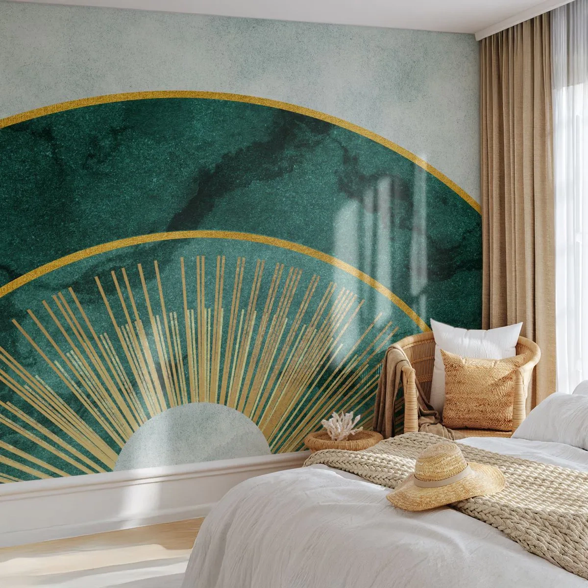 Fototapete Standard Eco - Goldene Strahlen vor einem Hintergrund aus grünem Marmor und Grau - 100x70cm - Anderes Sonnensystem - Moderne Wanddekoration für Wohnzimmer und Schlafzimmer ARTTOR