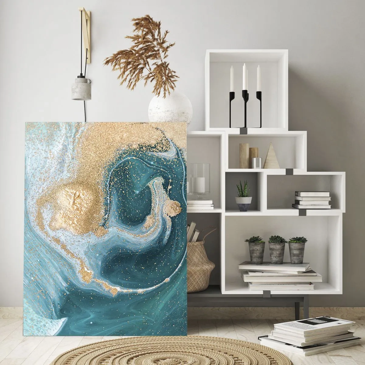 Glasbild - Bild auf glas - Abstrakter Wirbel in Türkis- und Goldtönen - 80x120cm - Ein Strudel aus Gold und Türkis - Moderne Wanddekoration für Wohnzimmer und Schlafzimmer ARTTOR