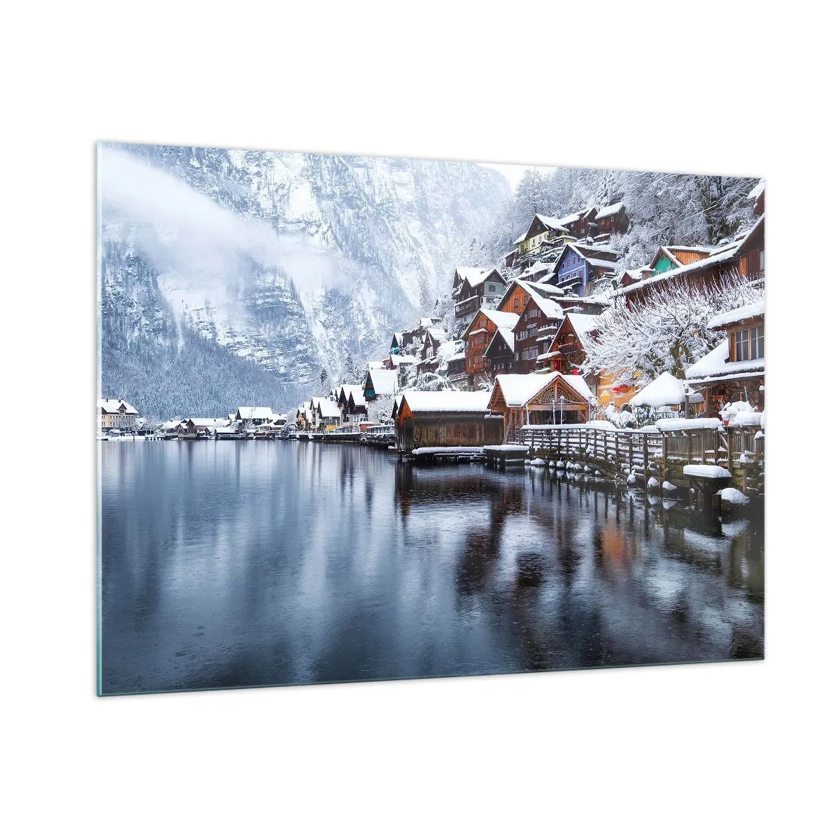 Glasbild - Bild auf glas - Ein Bergdorf an einem schneebedeckten See in einer Winterlandschaft - 100x70cm - In winterlicher Dekoration - Moderne Wanddekoration für Wohnzimmer und Schlafzimmer ARTTOR