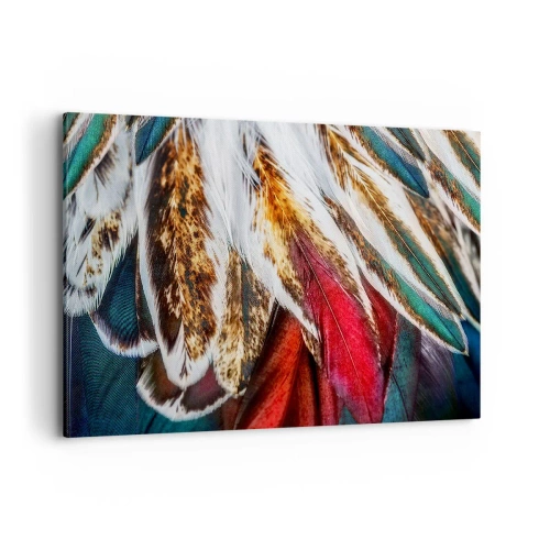 Bild auf Leinwand - Leinwandbild - Nahaufnahme von mehrfarbigen Federn in leuchtenden, intensiven Farben - 100x70cm - Geheimnisse des Fliegens - Moderne Wanddekoration für Wohnzimmer und Schlafzimmer ARTTOR