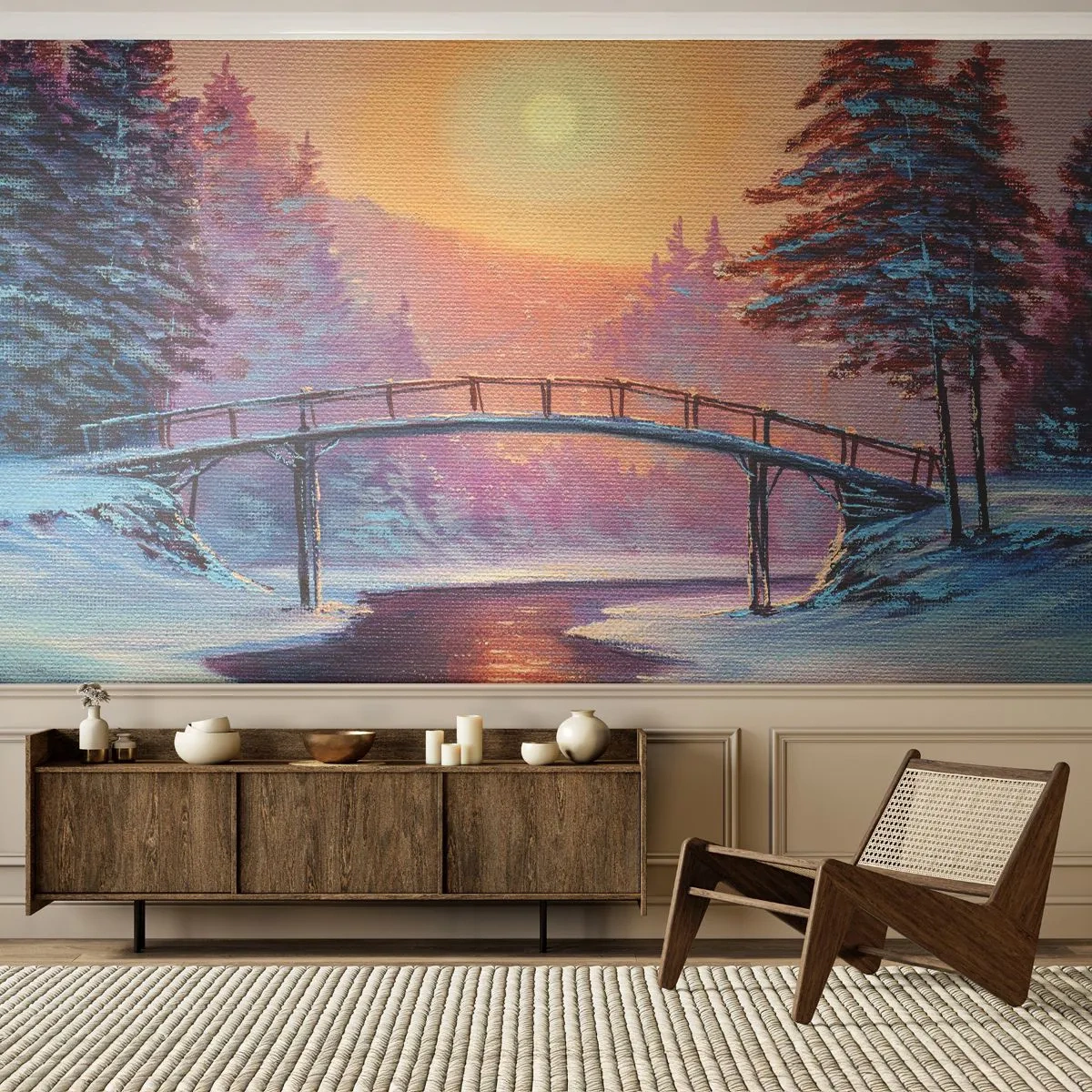 Fototapete Premium Sand - Vier Jahreszeiten - Winter - Landschaft, Fluss, Brücke - 100x70 cm