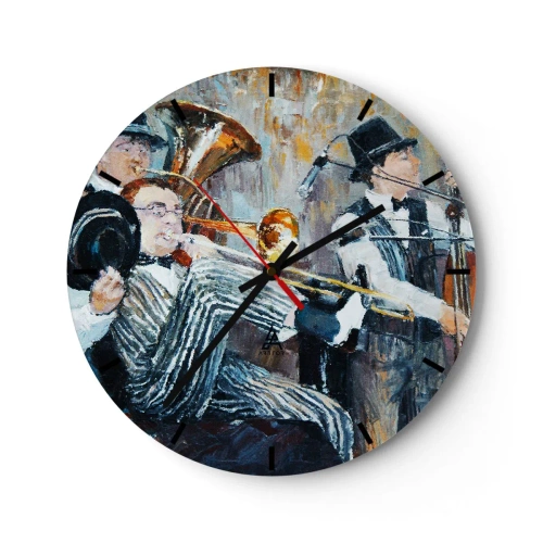 Wanduhr - Glasuhr - Eine Jazzband aus künstlerischer Sicht - 30x30cm - Der ganze Jazz - Moderne Wanddekoration für Wohnzimmer, Küche und Schlafzimmer ARTTOR