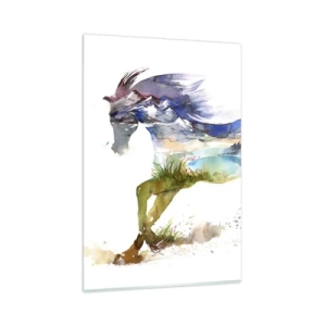 Glasbild - Bild auf glas - Aquarell eines Pferdes mit einer Berglandschaft in der Silhouette - 80x120cm - Von der Wiese direkt in den Himmel - Moderne Wanddekoration für Wohnzimmer und Schlafzimmer ARTTOR