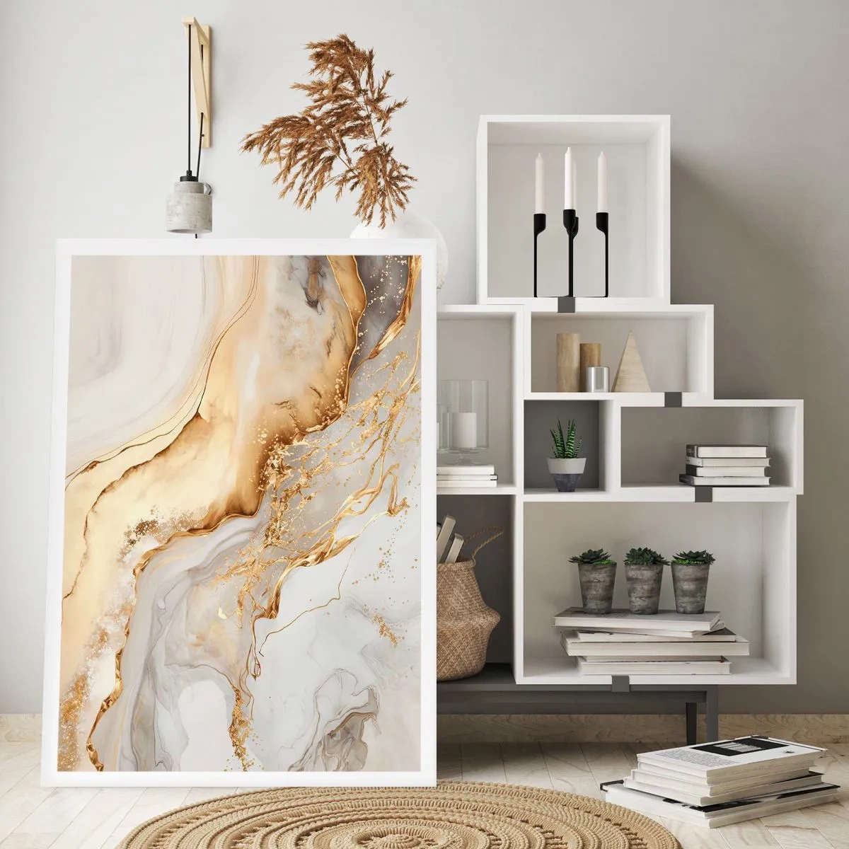 Poster - Abstrakte Komposition aus Gold und weißem Marmor - 50x70cm - Abstraktion: Schönheit und Güte - Moderne Wanddekoration für Wohnzimmer und Schlafzimmer ARTTOR