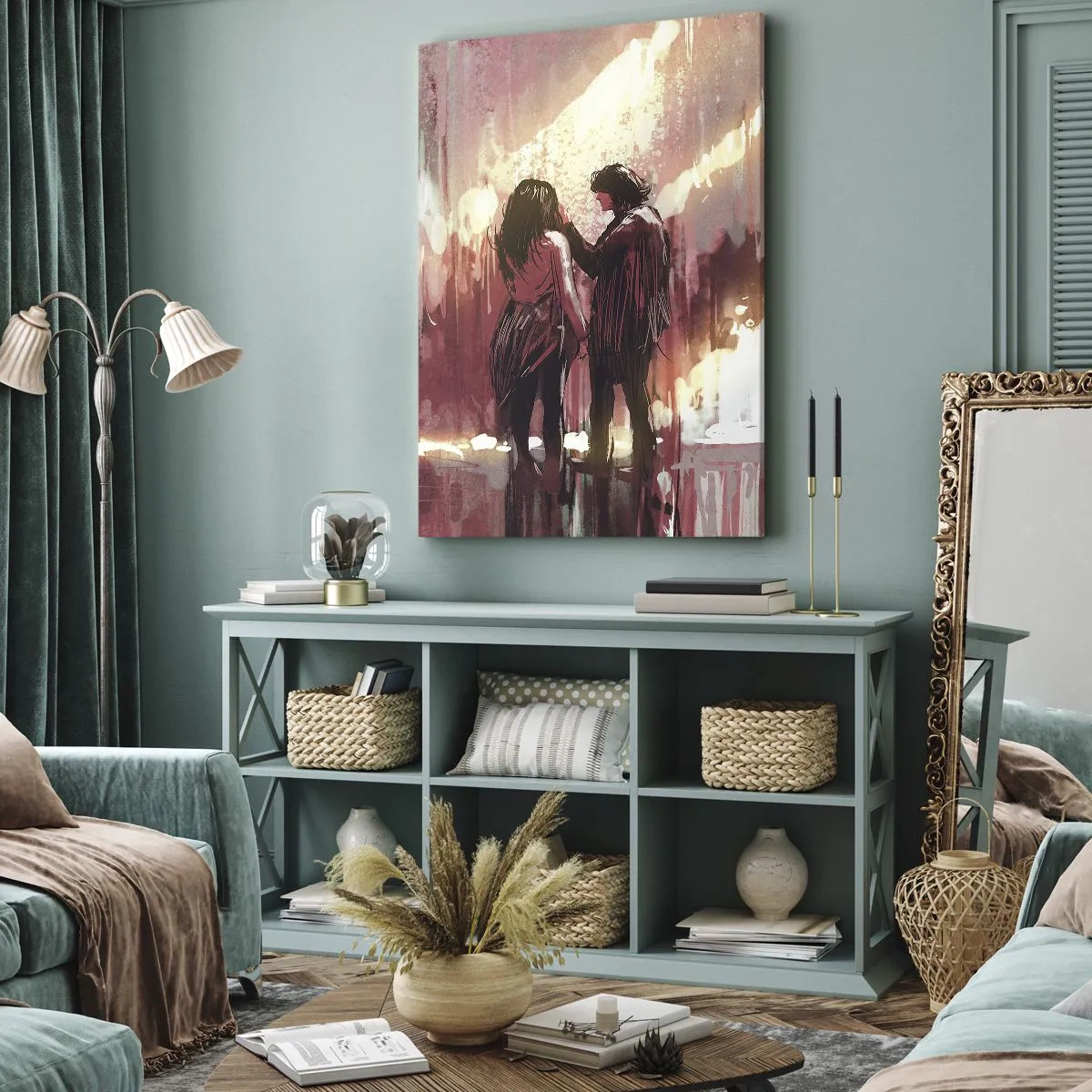 Bild auf Leinwand - Leinwandbild - Ein Paar steht in warmem Licht vor einem Hintergrund aus abstrakten Mustern - 50x70cm - Das ewige Schauspiel der Liebe - Moderne Wanddekoration für Wohnzimmer und Schlafzimmer ARTTOR