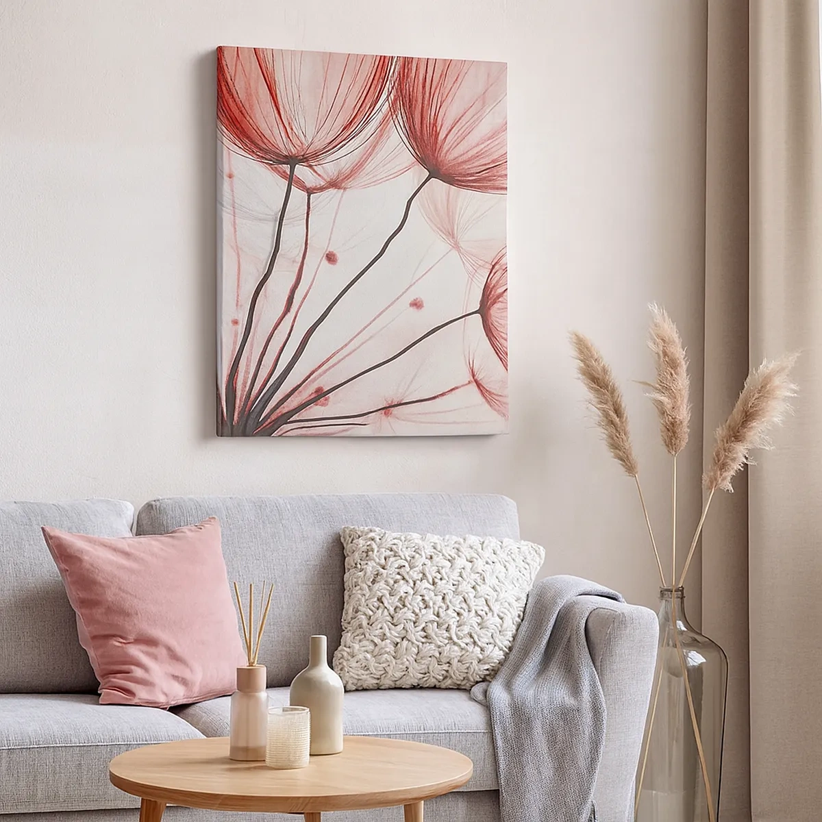 Bild auf Leinwand - Leinwandbild - Zarte Blüten in Rottönen auf hellem Untergrund - 50x70cm - Vor der Abfahrt - Moderne Wanddekoration für Wohnzimmer und Schlafzimmer ARTTOR