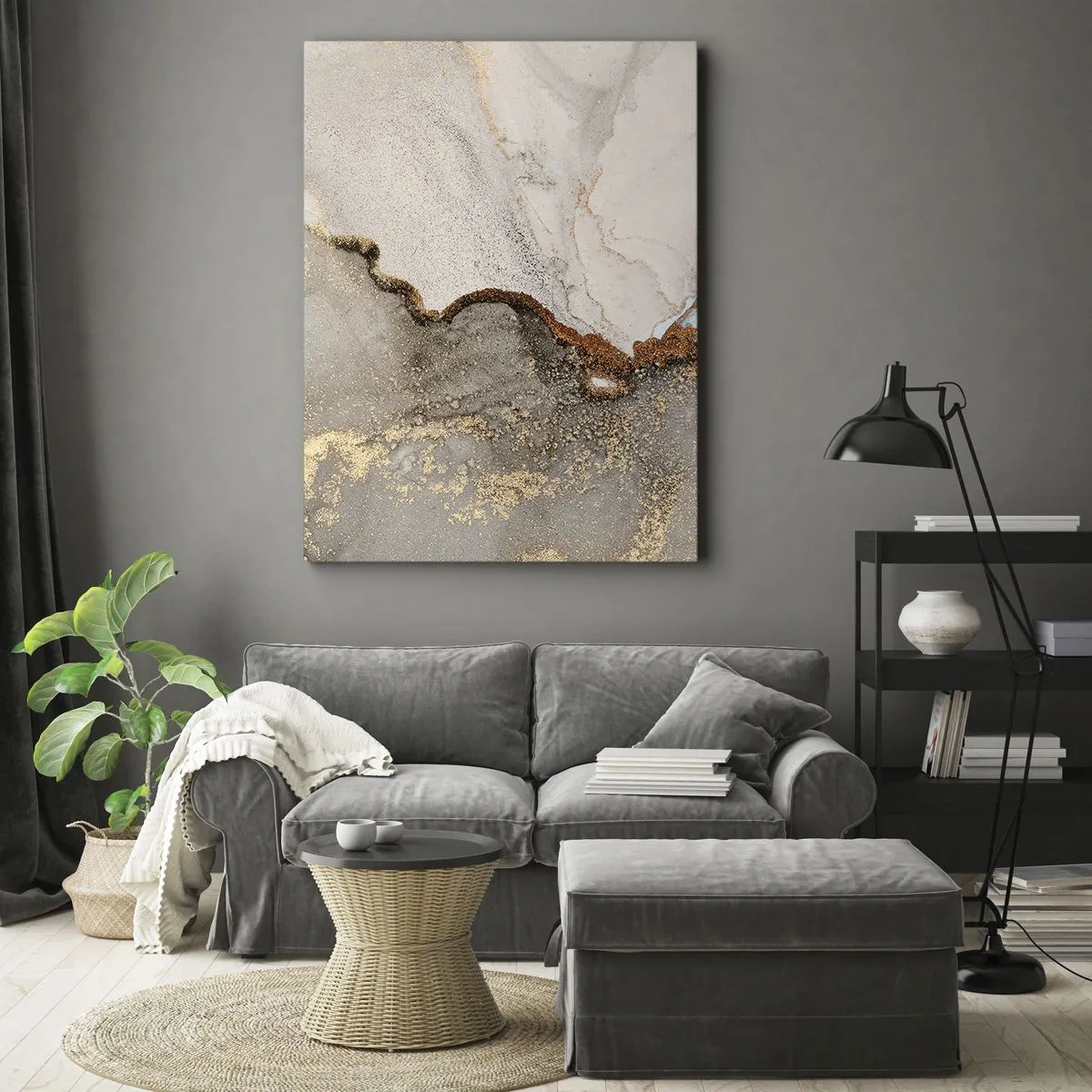 Bild auf Leinwand - Leinwandbild - Abstraktes Motiv mit Gold- und Grautönen - 50x70cm - An der Grenze der Farben - Moderne Wanddekoration für Wohnzimmer und Schlafzimmer ARTTOR
