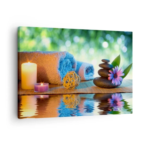 Bild auf Leinwand - Leinwandbild - Entspannendes SPA-Set mit Handtüchern, Kerzen und Steinen - 70x50cm - Zeit für den Körper - Moderne Wanddekoration für Wohnzimmer und Schlafzimmer ARTTOR