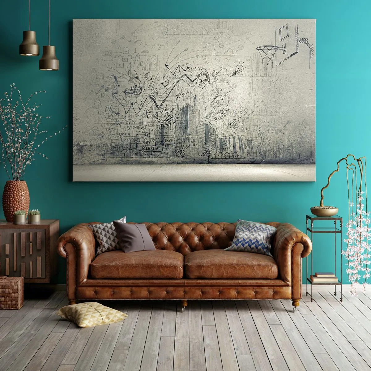 Bild auf Leinwand - Leinwandbild - Zeichnungen und Diagramme vor dem Hintergrund einer rohen Wand - 70x50cm - Mein tolles Stadtleben - Moderne Wanddekoration für Wohnzimmer und Schlafzimmer ARTTOR